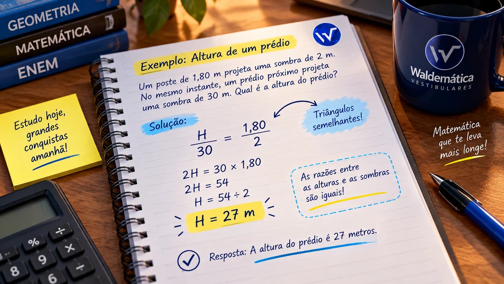 Caderno mostrando a resolução de um problema de semelhança de triângulos que resulta em altura igual a 27 metros.