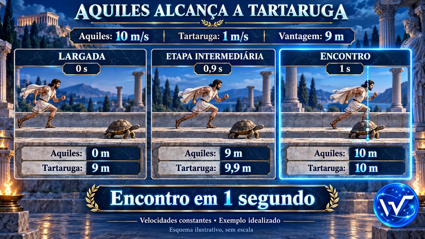 Exemplo de Aquiles a 10 m/s e tartaruga a 1 m/s, com vantagem inicial de 9 m e encontro na posição 10 m após um segundo.