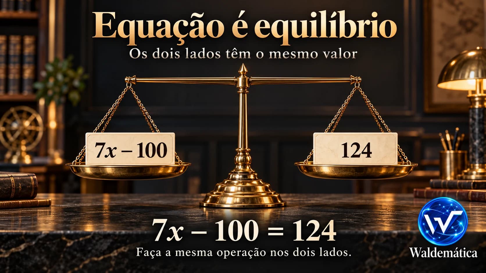 Balança de pratos em equilíbrio, com 7x − 100 de um lado e 124 do outro, representando a igualdade de uma equação.