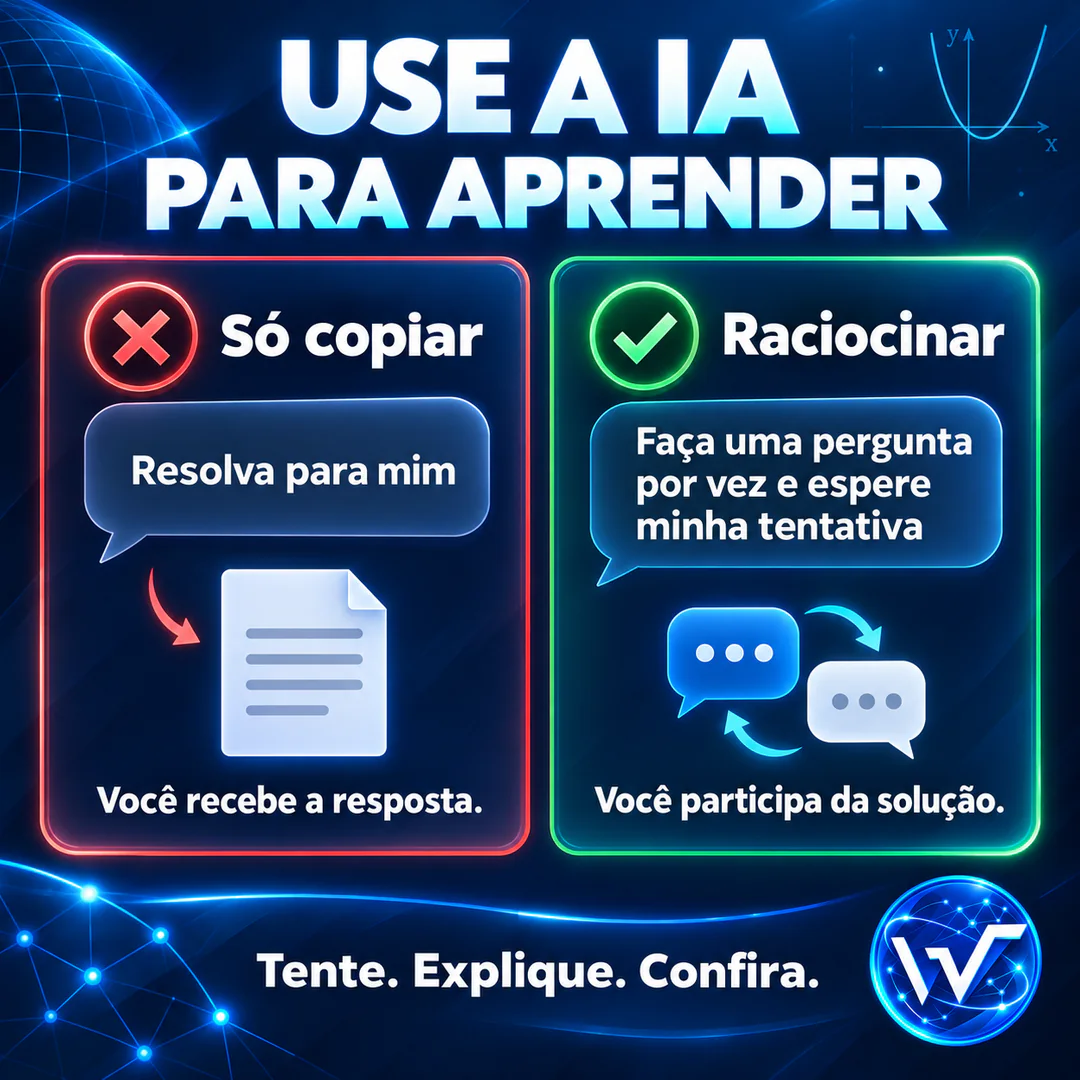 Comparação entre copiar uma resposta da IA e pedir perguntas que orientem o próprio raciocínio.
