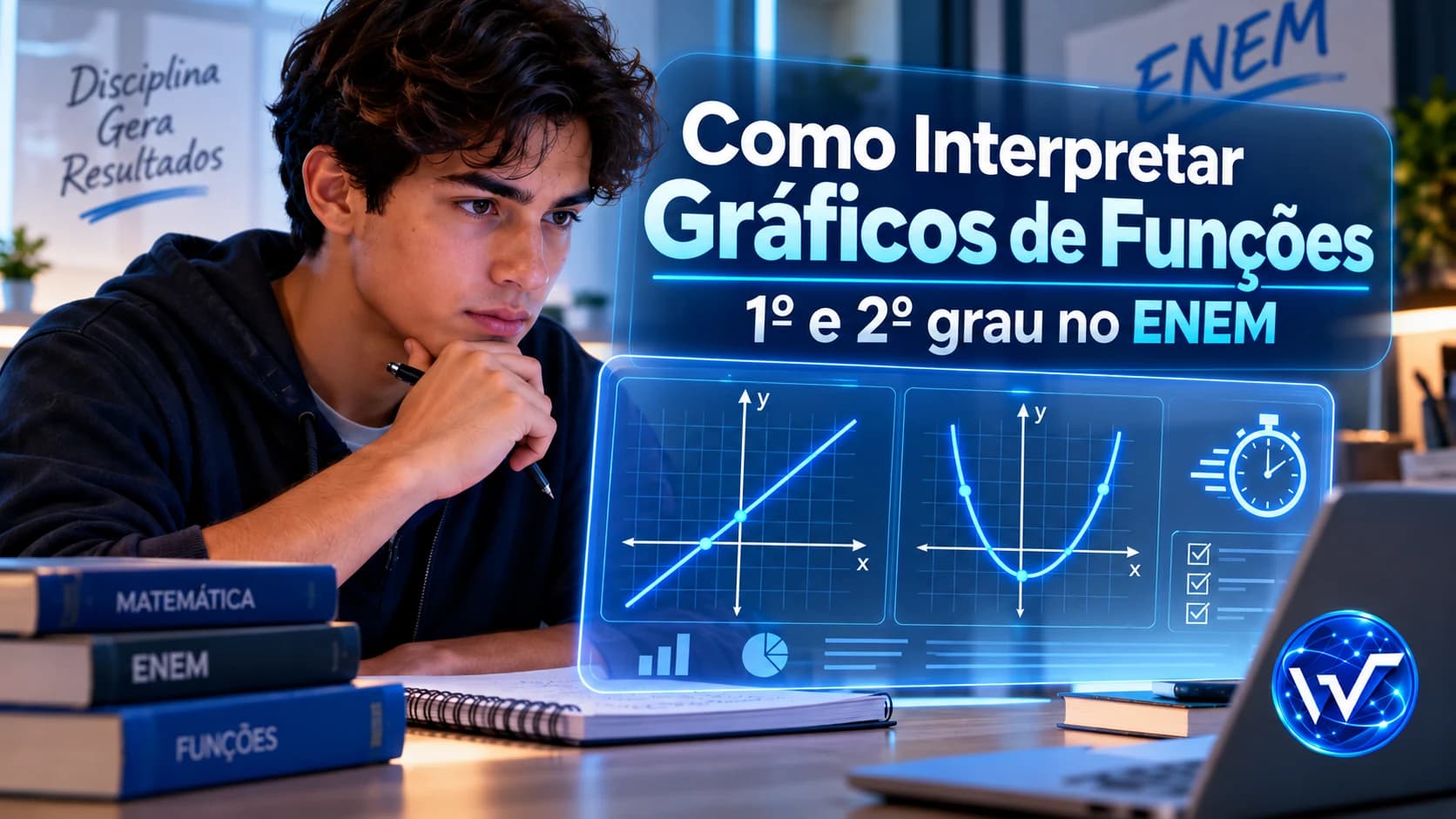 Estudante interpretando gráficos de funções do primeiro e segundo grau para o ENEM