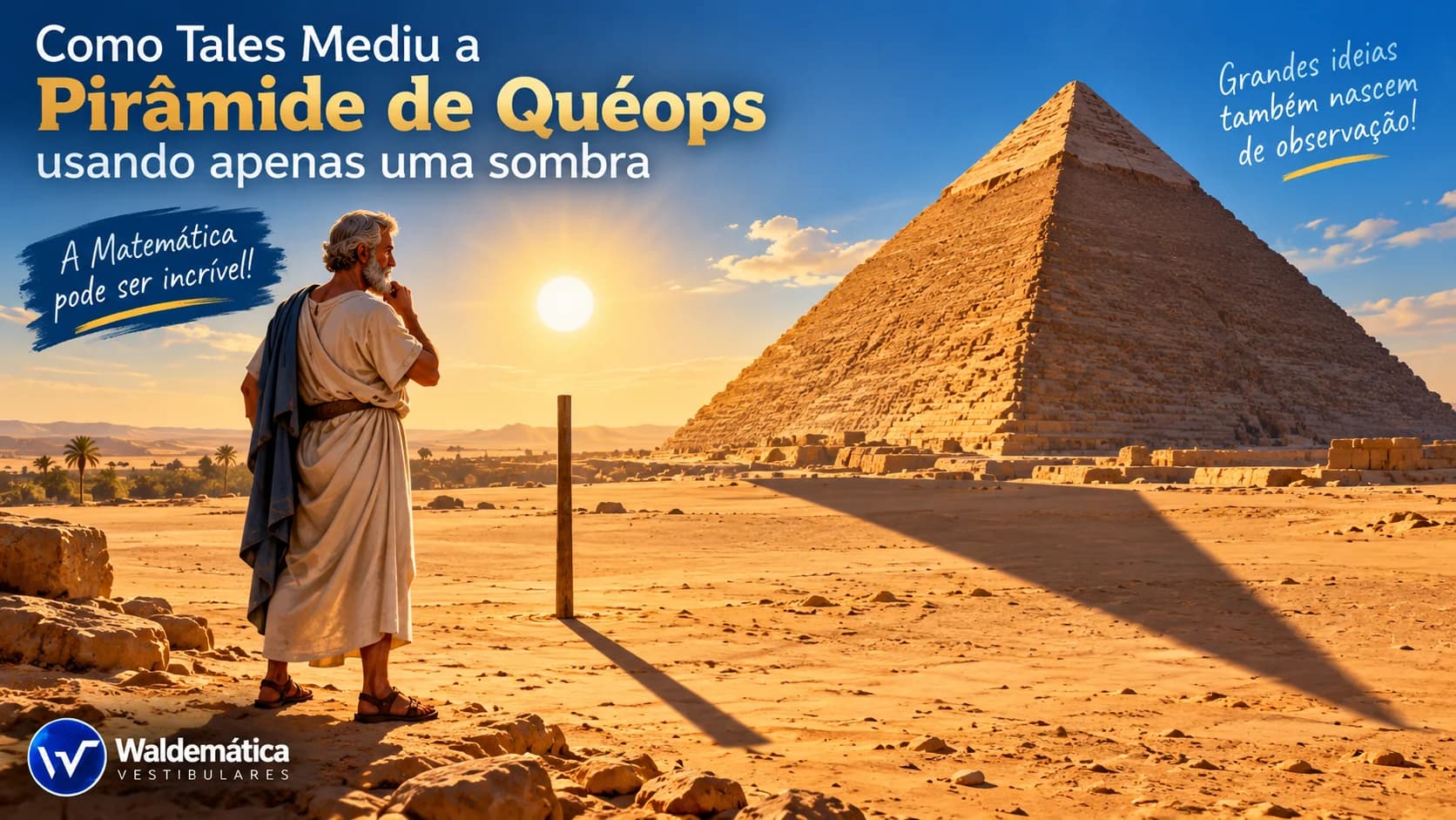 Tales de Mileto diante da Pirâmide de Quéops observando as sombras usadas para representar uma medição por semelhança de triângulos.