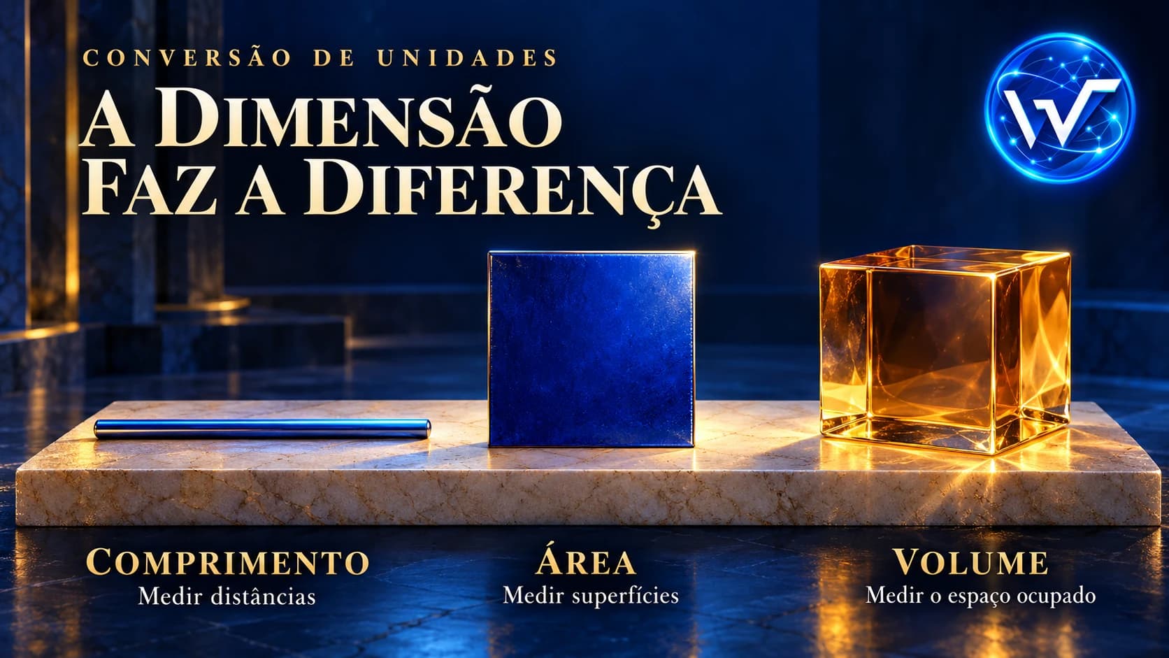 Comparação entre comprimento, área e volume mostrando grandezas de uma, duas e três dimensões