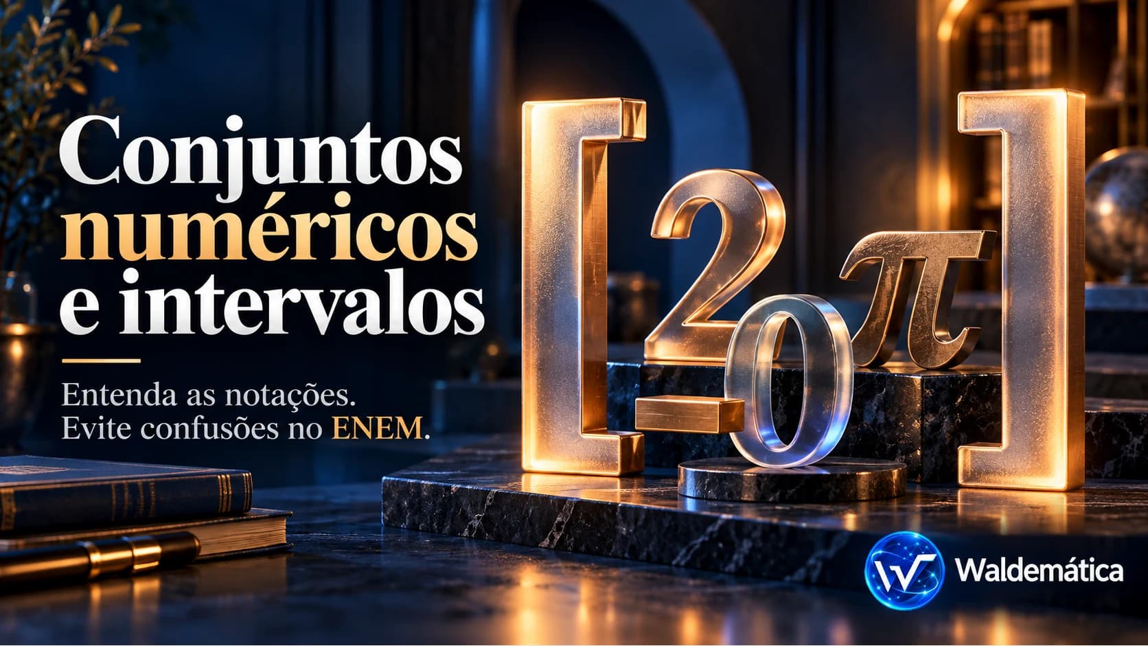 Capa sobre conjuntos numéricos e intervalos, com números, símbolo π e colchetes em uma composição tridimensional.