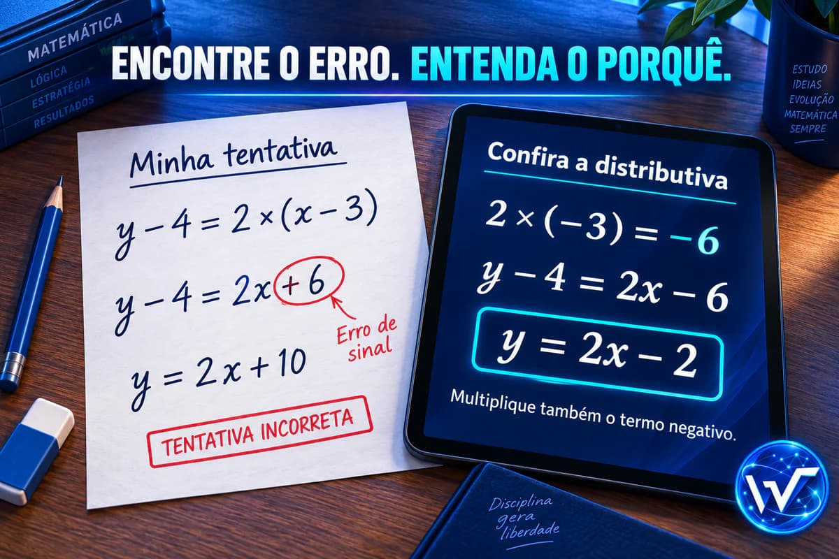 Erro de sinal na distributiva destacado em uma folha, com a correção y = 2x − 2 apresentada no tablet.
