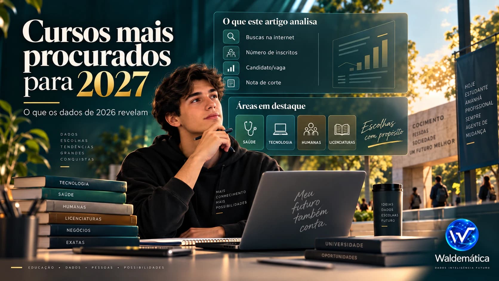 Estudante analisando diferentes indicadores sobre os cursos mais procurados para ingresso em 2027.