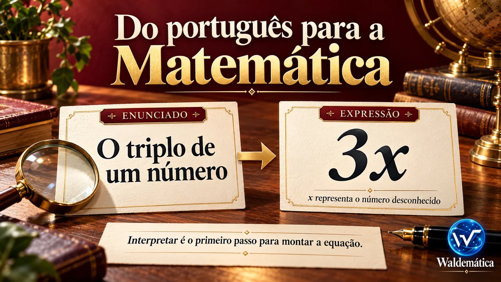 Infográfico mostrando a tradução da frase 'o triplo de um número' para a expressão matemática '3x'.