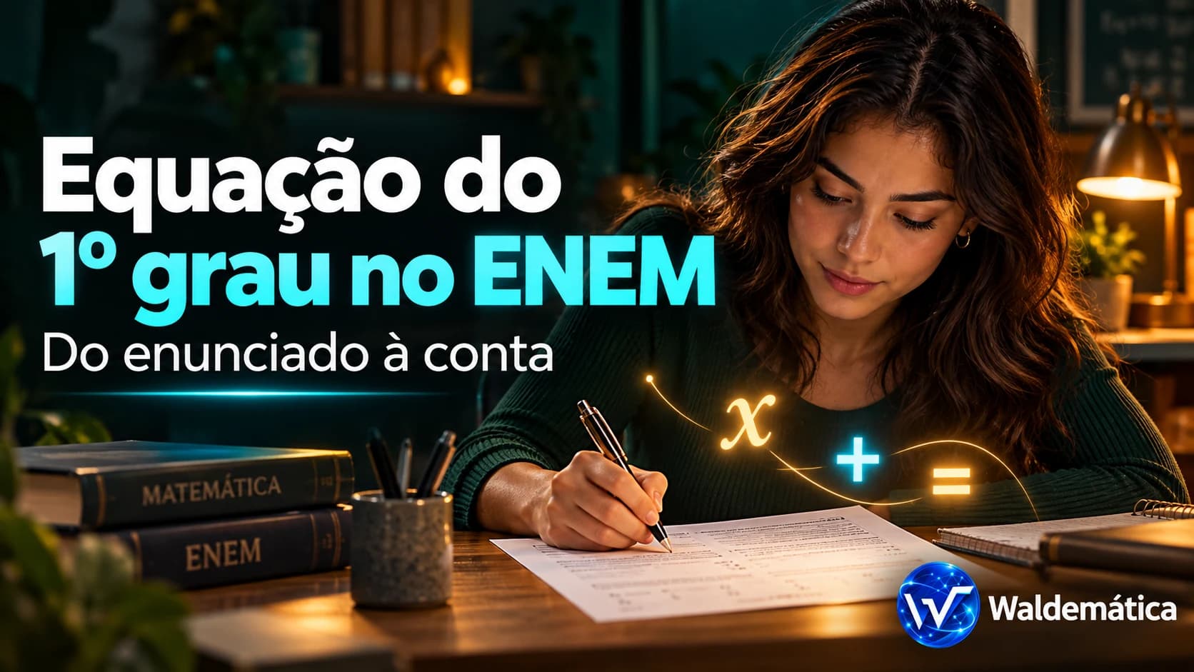 Estudante analisando uma prova com símbolos matemáticos brilhando ao redor, representando a transformação de texto em equação.