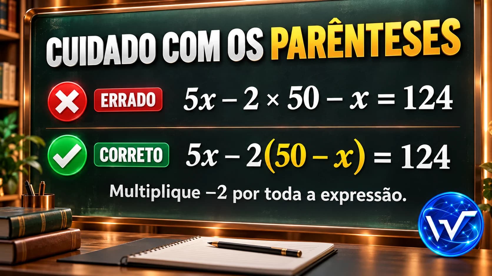 Lousa mostrando o erro de não utilizar os parênteses em uma equação e a forma correta abaixo.