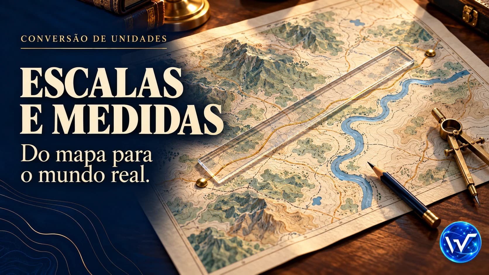 Mapa com régua e instrumentos de medição representando escalas e conversão de unidades