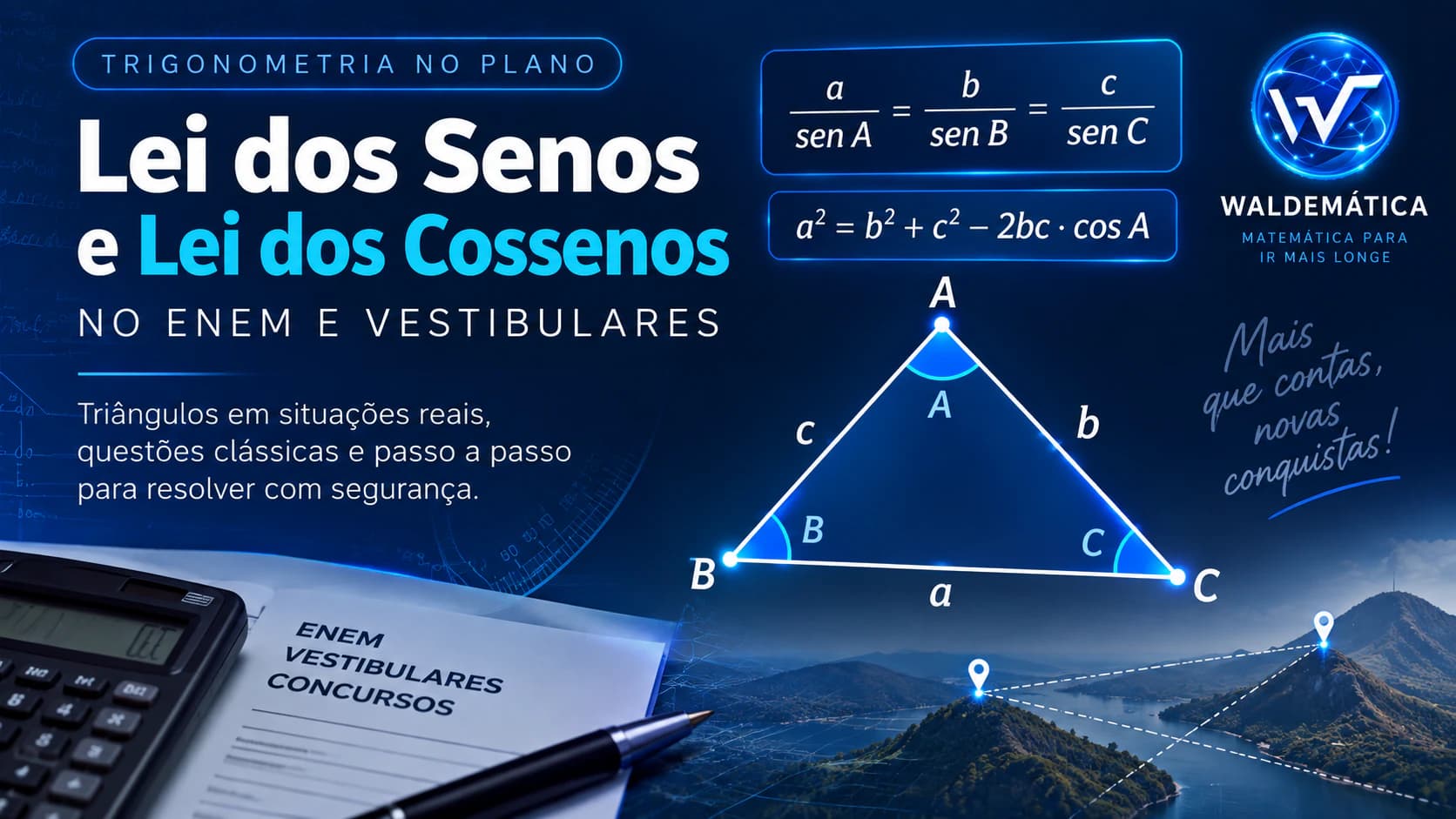 Triângulo oblíquo com as fórmulas da Lei dos Senos e da Lei dos Cossenos.