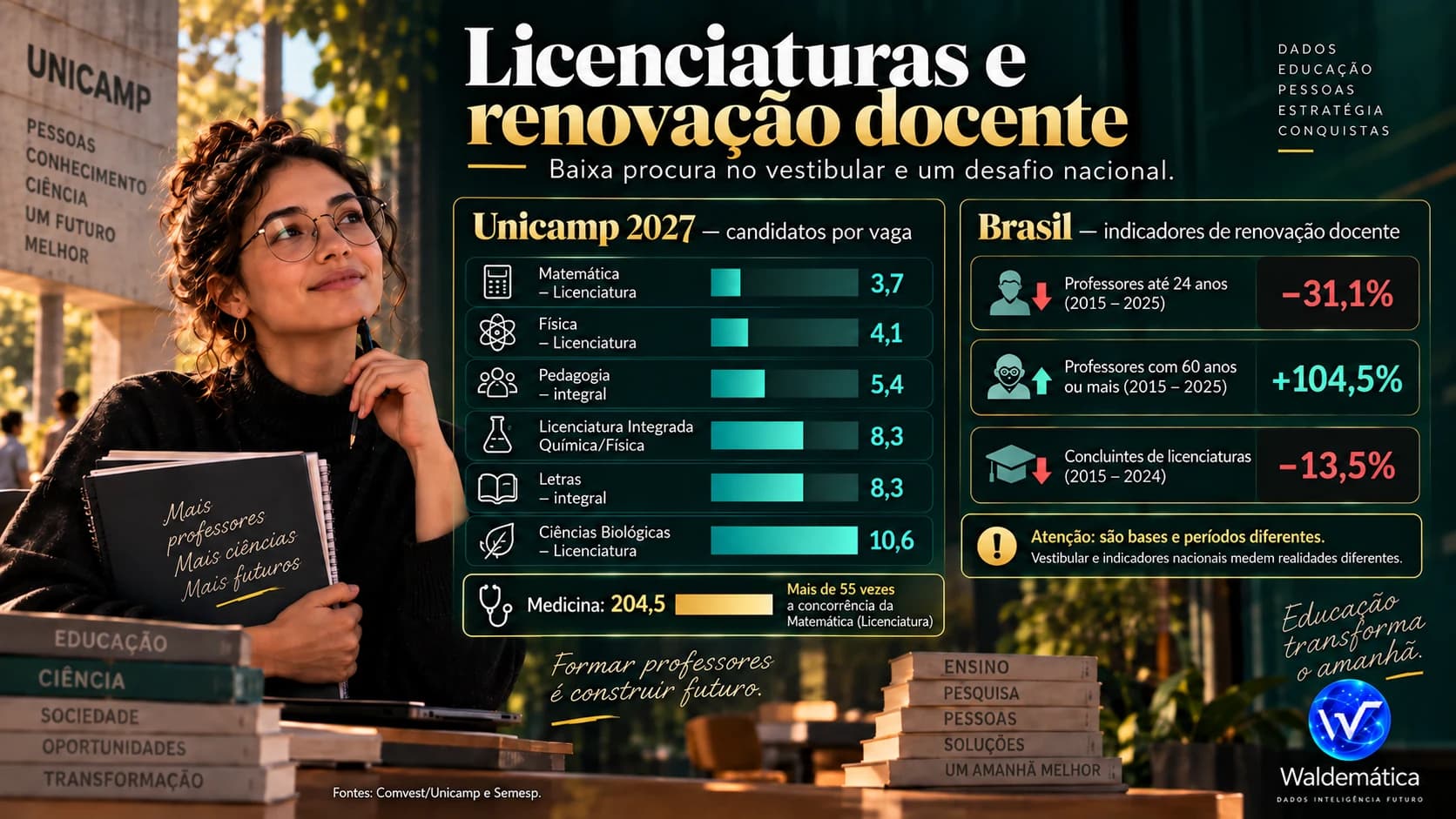 Concorrência de licenciaturas na Unicamp e indicadores de renovação de professores no Brasil.