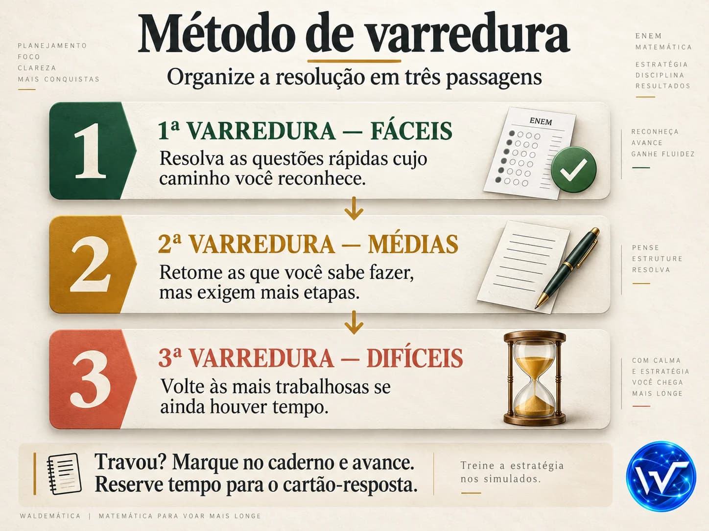 Fluxograma mostrando os três passos da varredura na prova: questões fáceis, questões médias e questões difíceis.