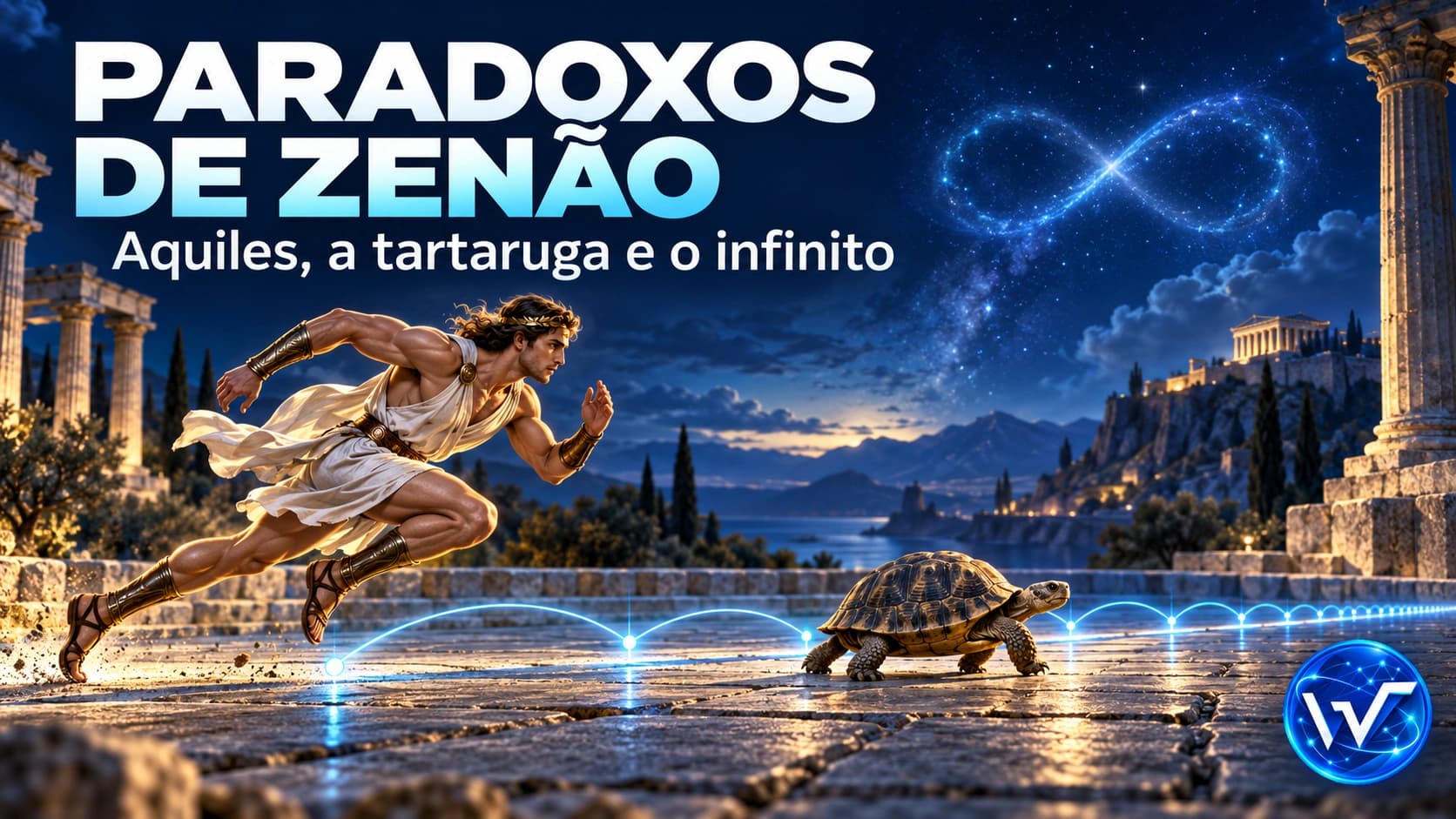 Aquiles correndo atrás de uma tartaruga em uma pista com ambientação grega e elementos luminosos que representam o infinito.
