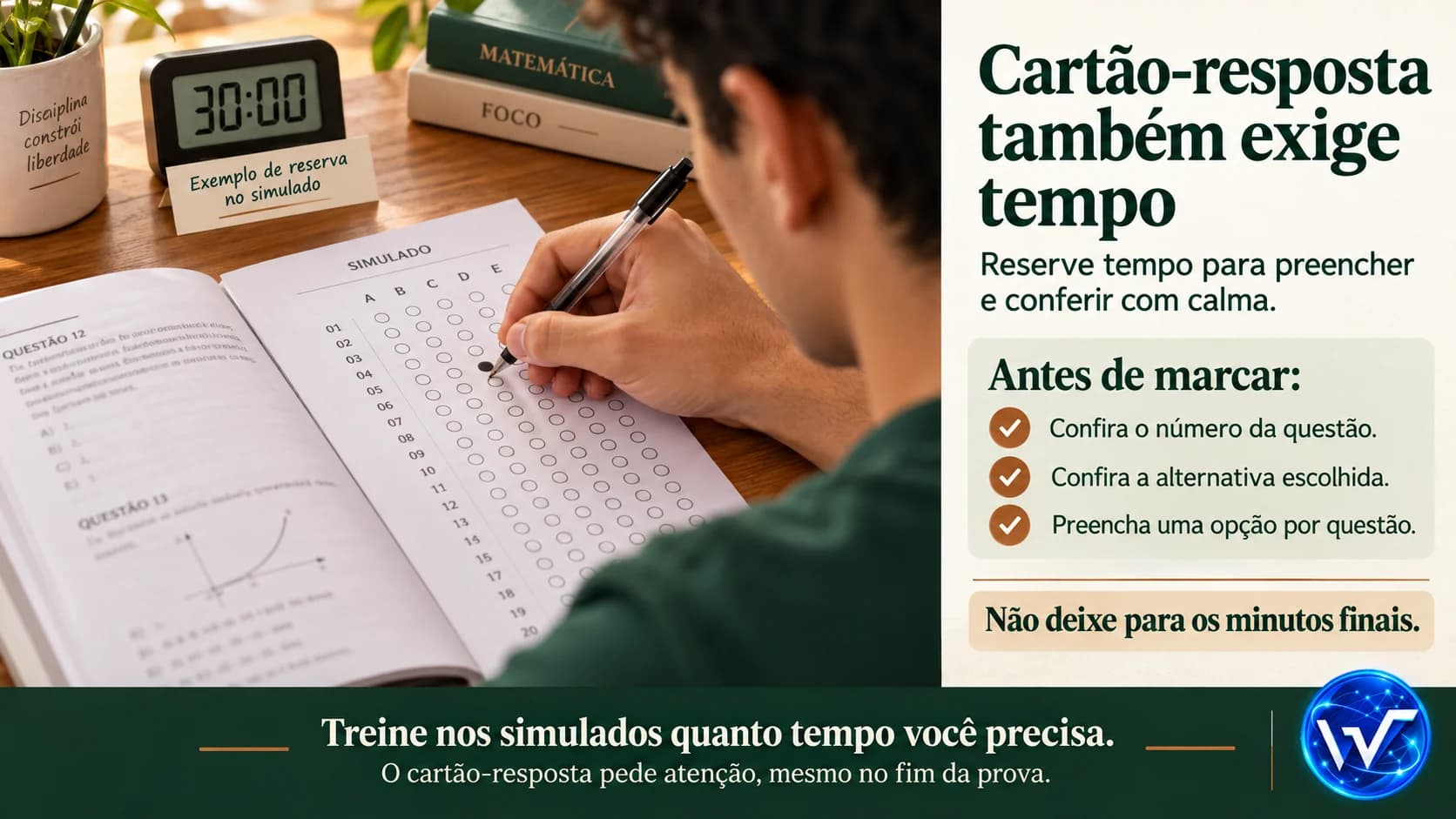 Estudante preenchendo o cartão-resposta do ENEM com calma, com um relógio marcando 30 minutos restantes.