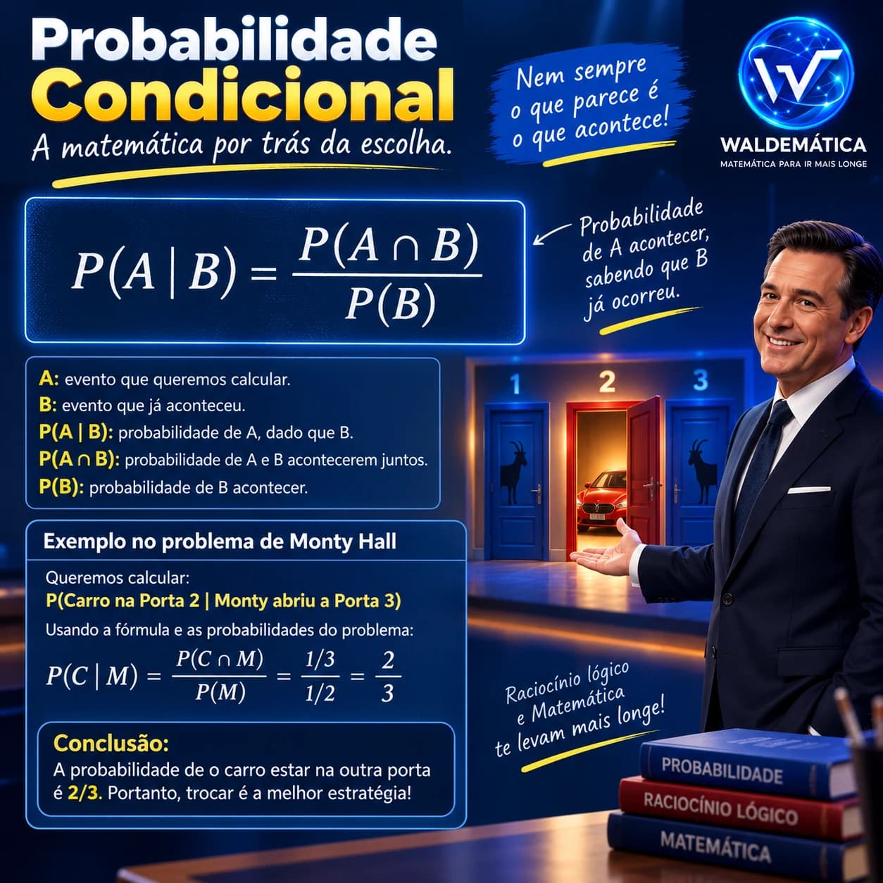 Infográfico de probabilidade condicional aplicado ao Problema de Monty Hall.