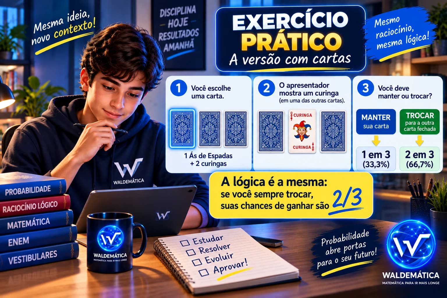 Exercício de probabilidade inspirado no Problema de Monty Hall usando um Ás de Espadas e dois curingas.
