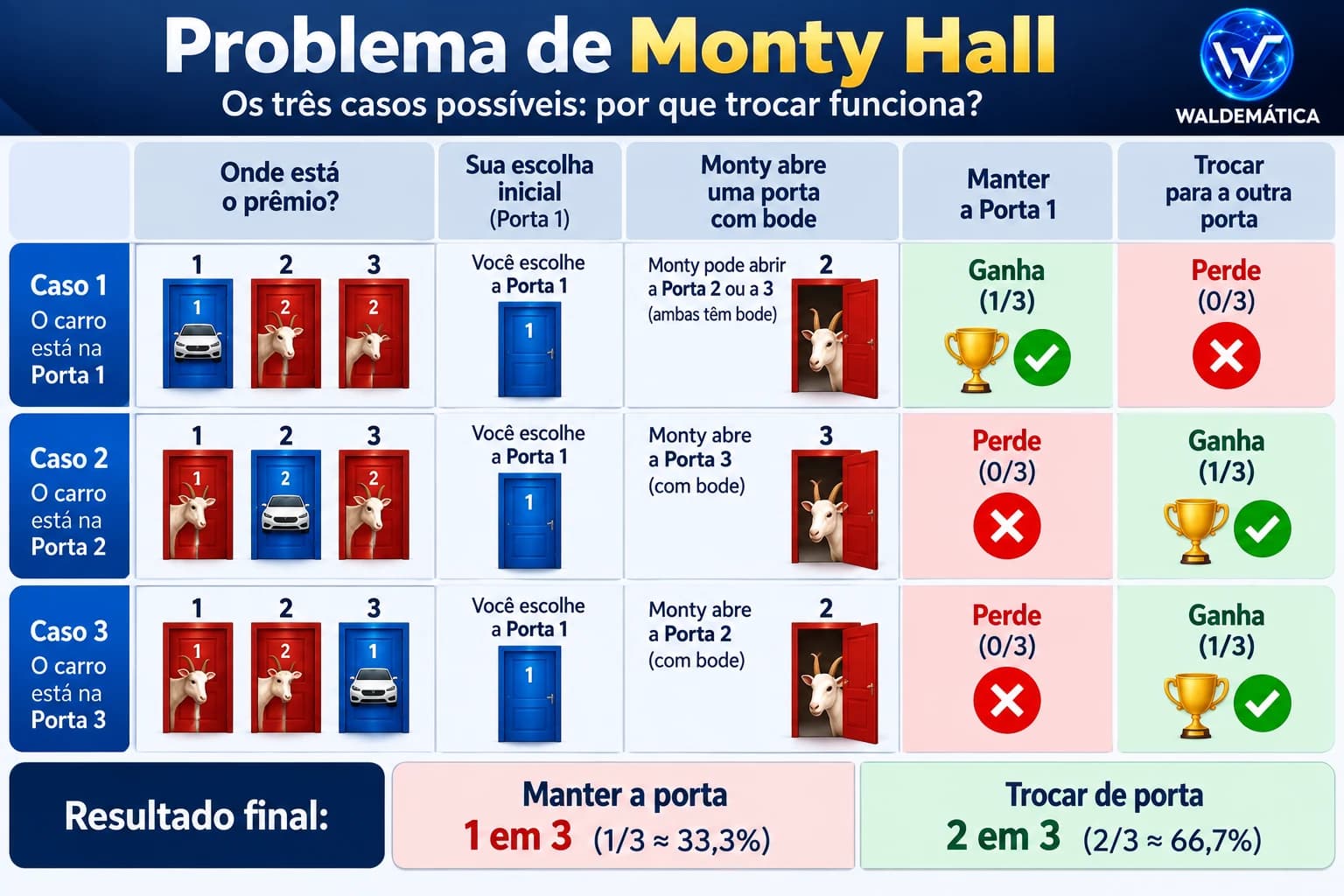 Infográfico mostrando os três casos possíveis do Problema de Monty Hall e os resultados de manter ou trocar.