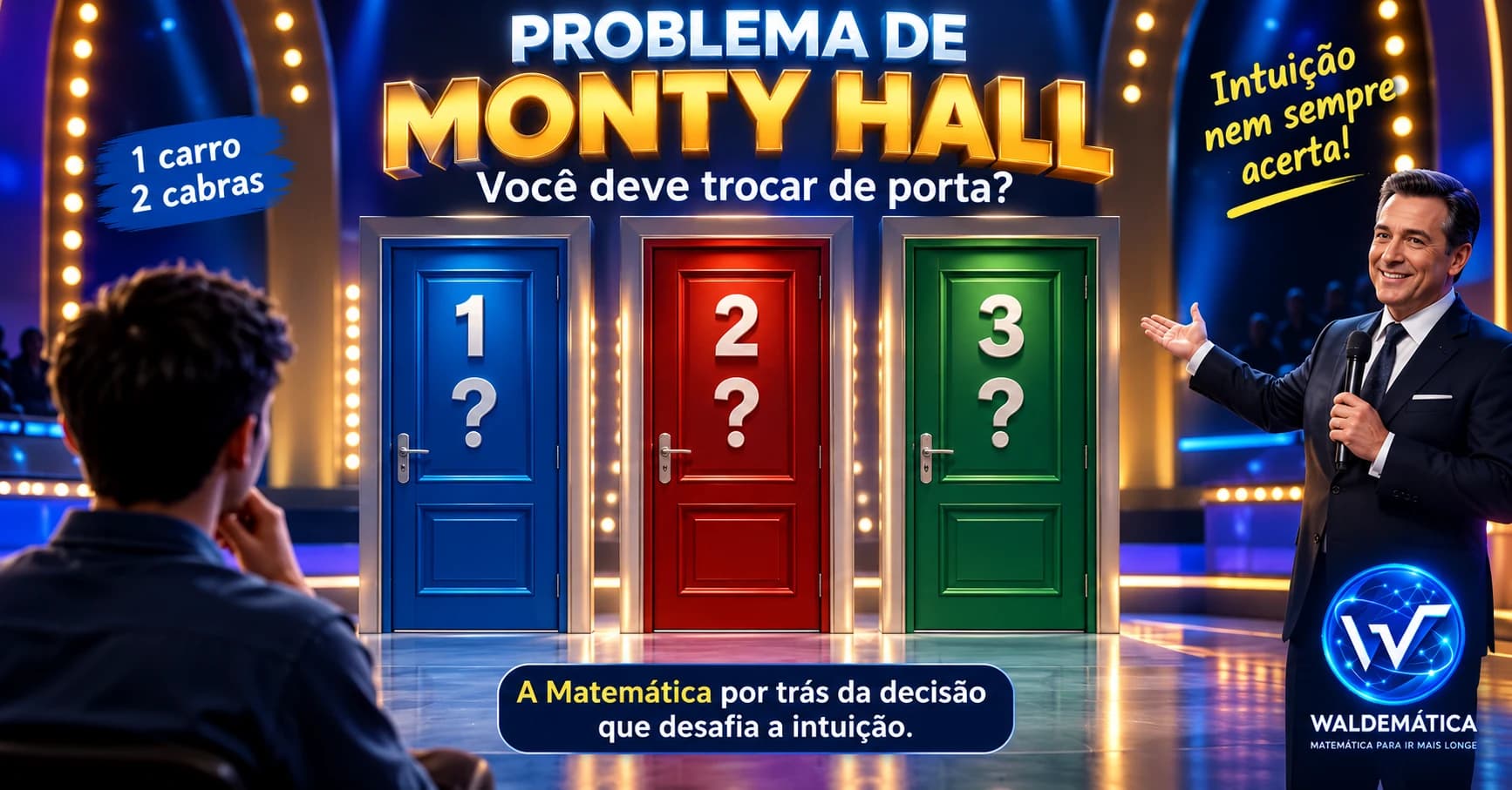 Três portas em um programa de auditório representando o Problema de Monty Hall.