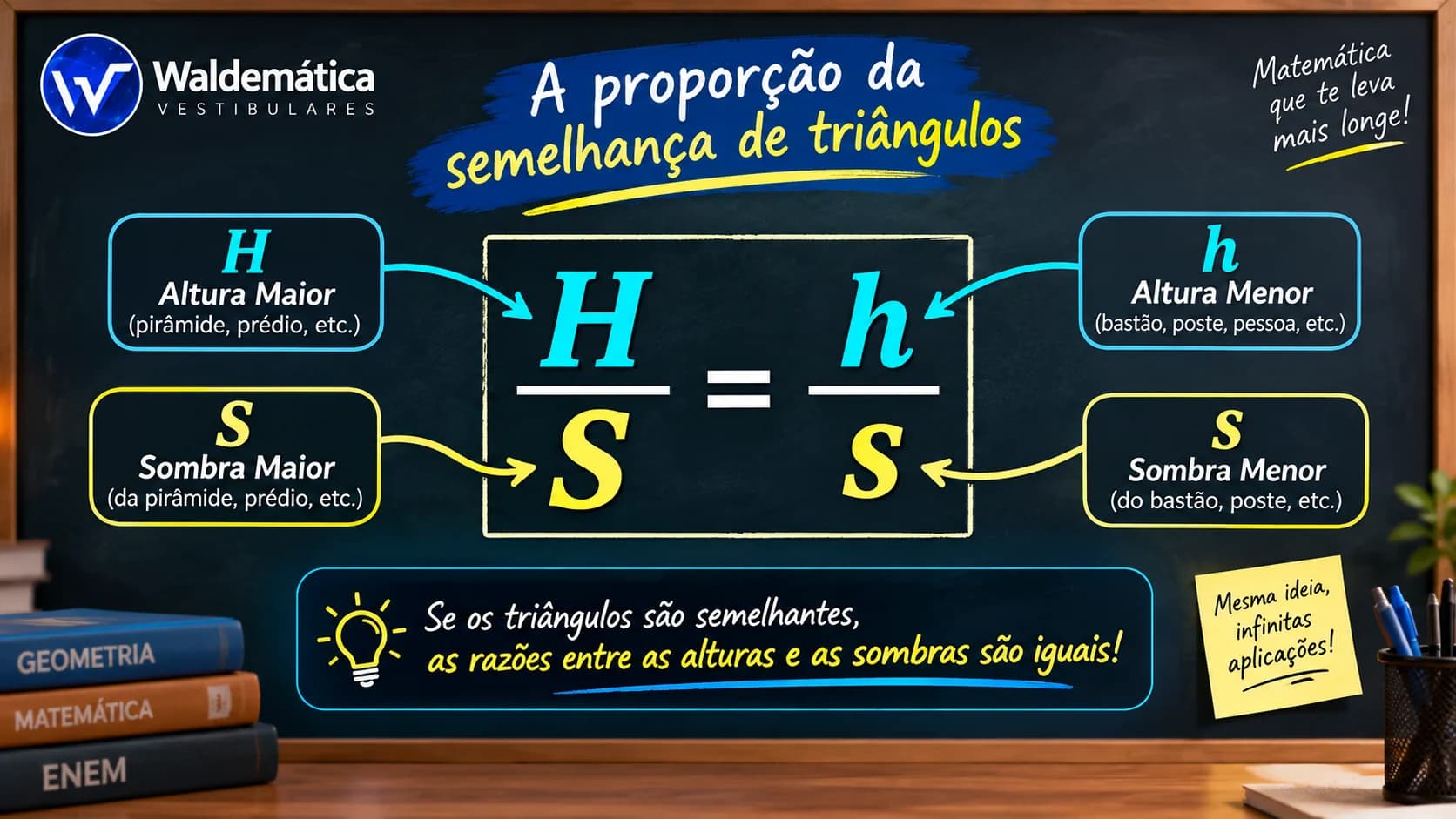 Proporção entre altura e sombra em dois triângulos semelhantes, representada por H sobre S igual a h sobre s.