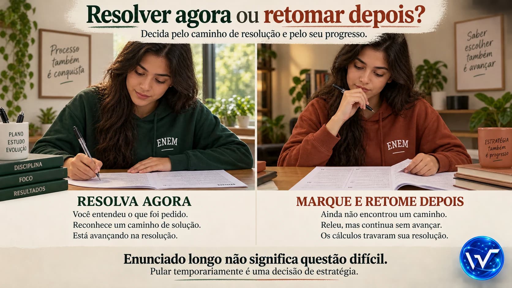Estudante em duas cenas: resolvendo uma prova e refletindo, com orientações para resolver agora ou retomar depois.