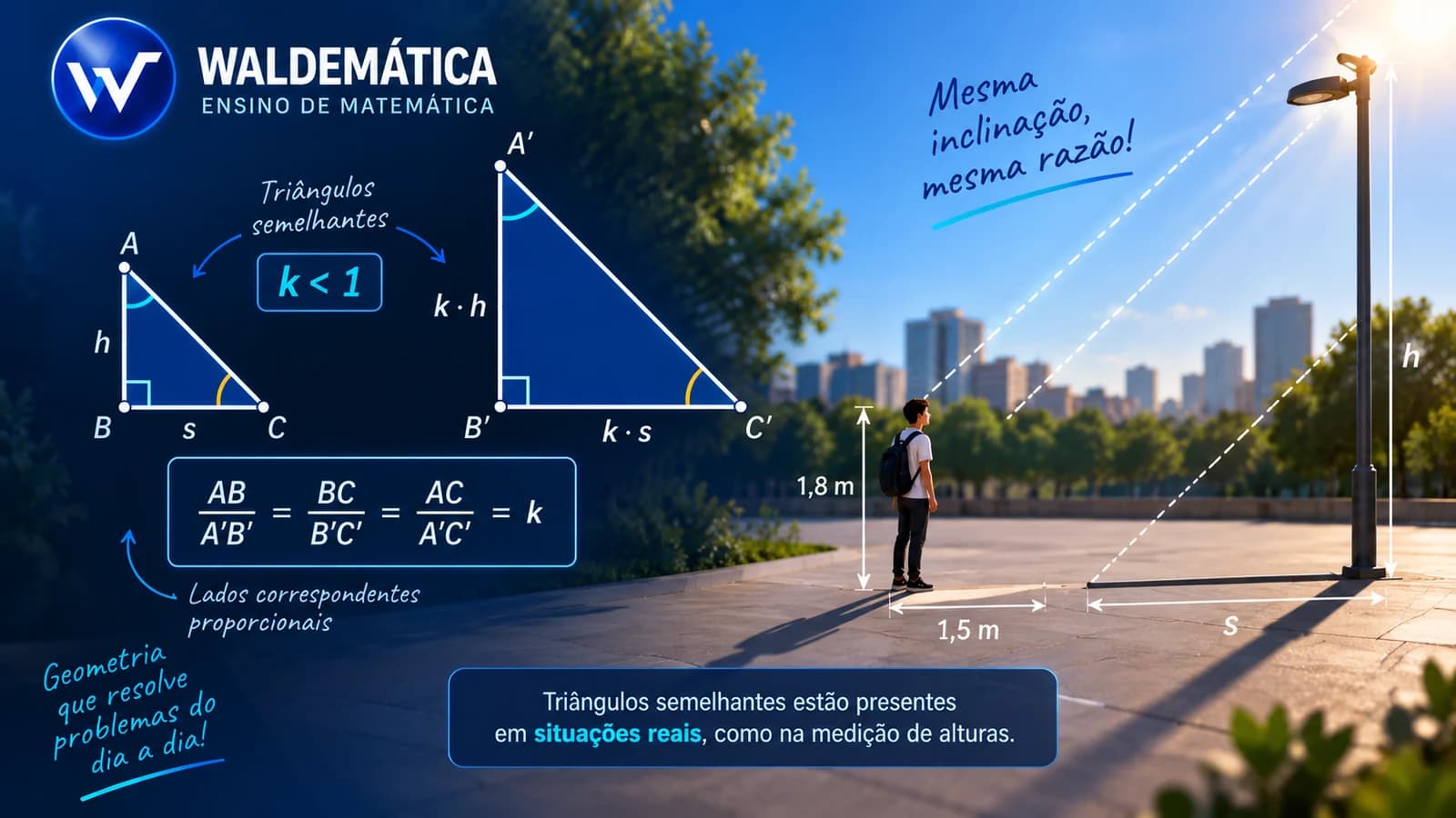 Semelhança de triângulos no ENEM representada por triângulos proporcionais e uma aplicação de medição de alturas por sombras