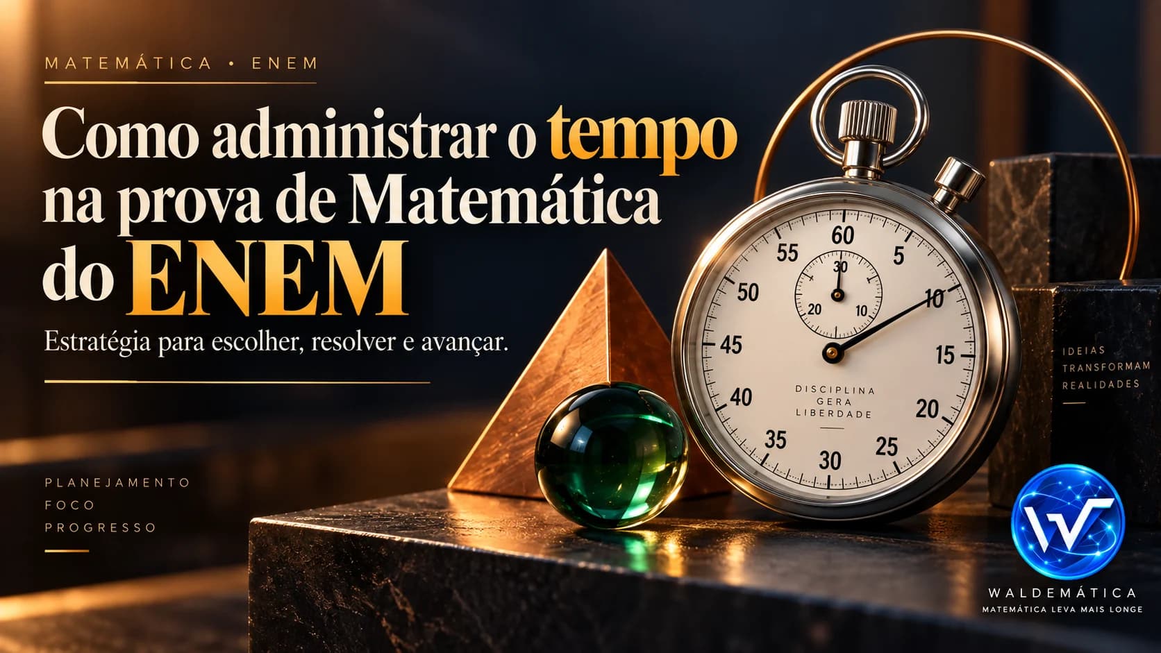 Cronômetro estilizado com formas geométricas, representando a gestão de tempo na prova de matemática do ENEM.