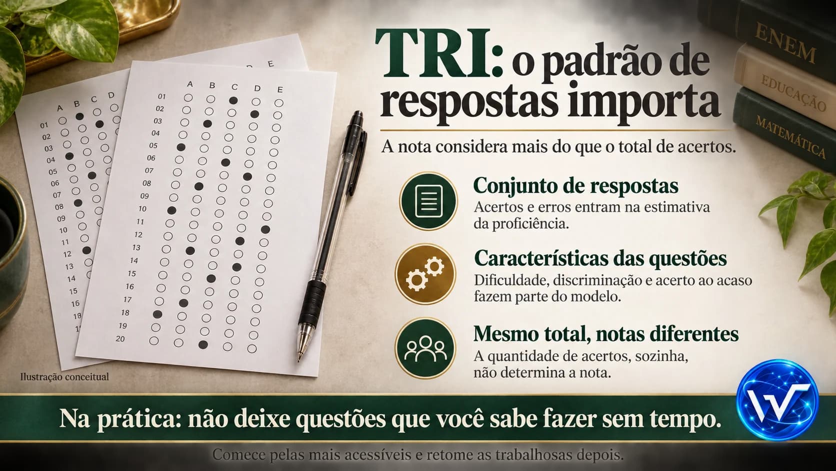 Infográfico com cartões-resposta e caneta explicando como padrões de respostas e características das questões influenciam a nota.