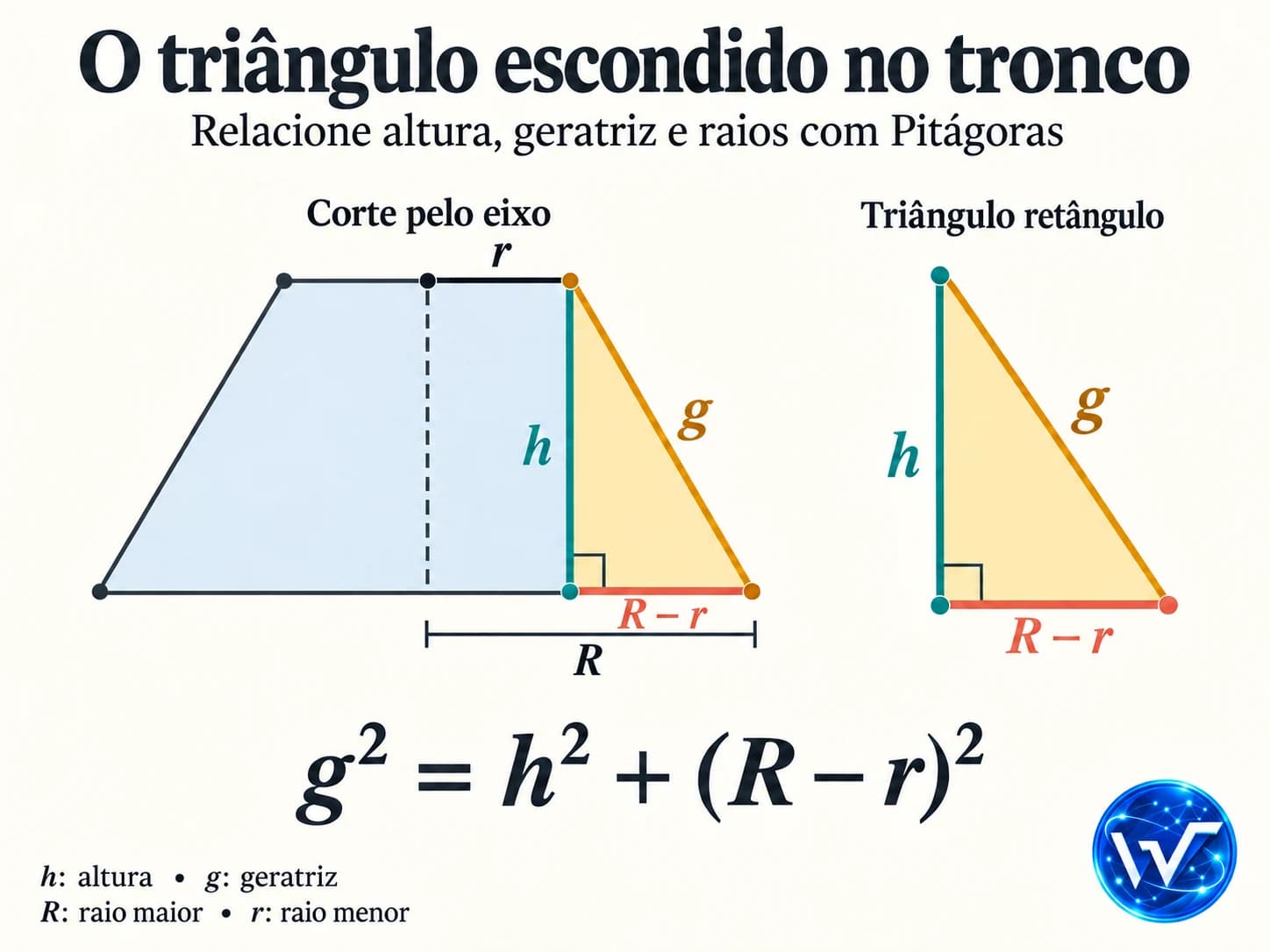 Diagrama mostrando o triângulo retângulo formado pela altura, geratriz e diferença entre os raios de um tronco de cone.