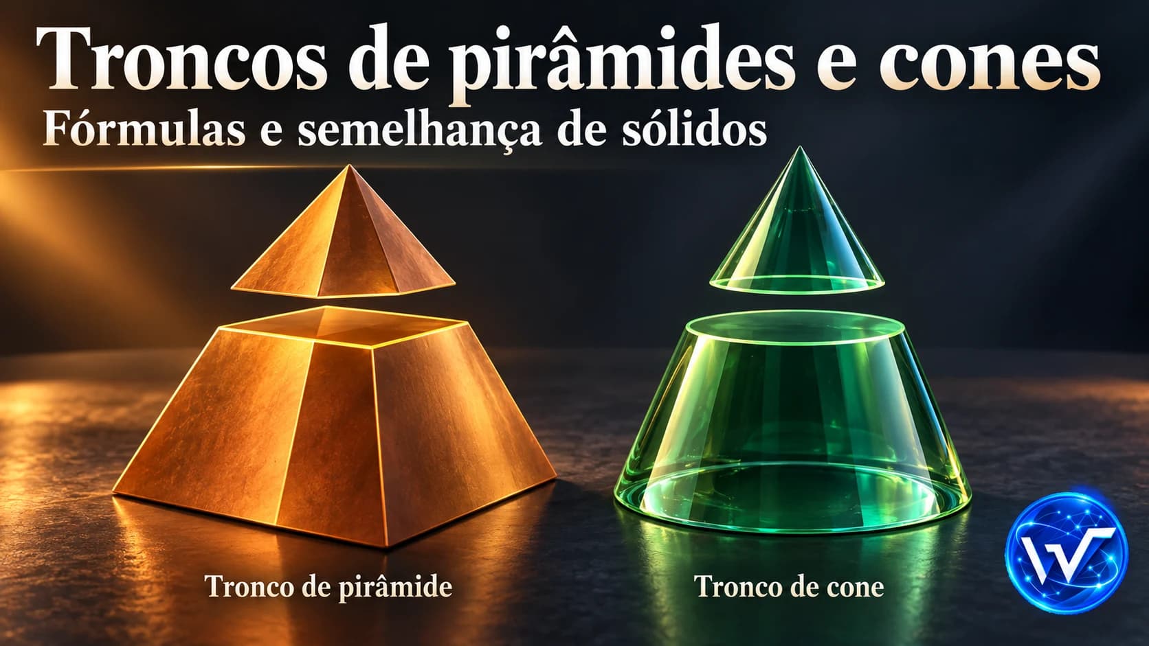Ilustração 3D mostrando uma pirâmide e um cone cortados por um plano paralelo à base, formando troncos.