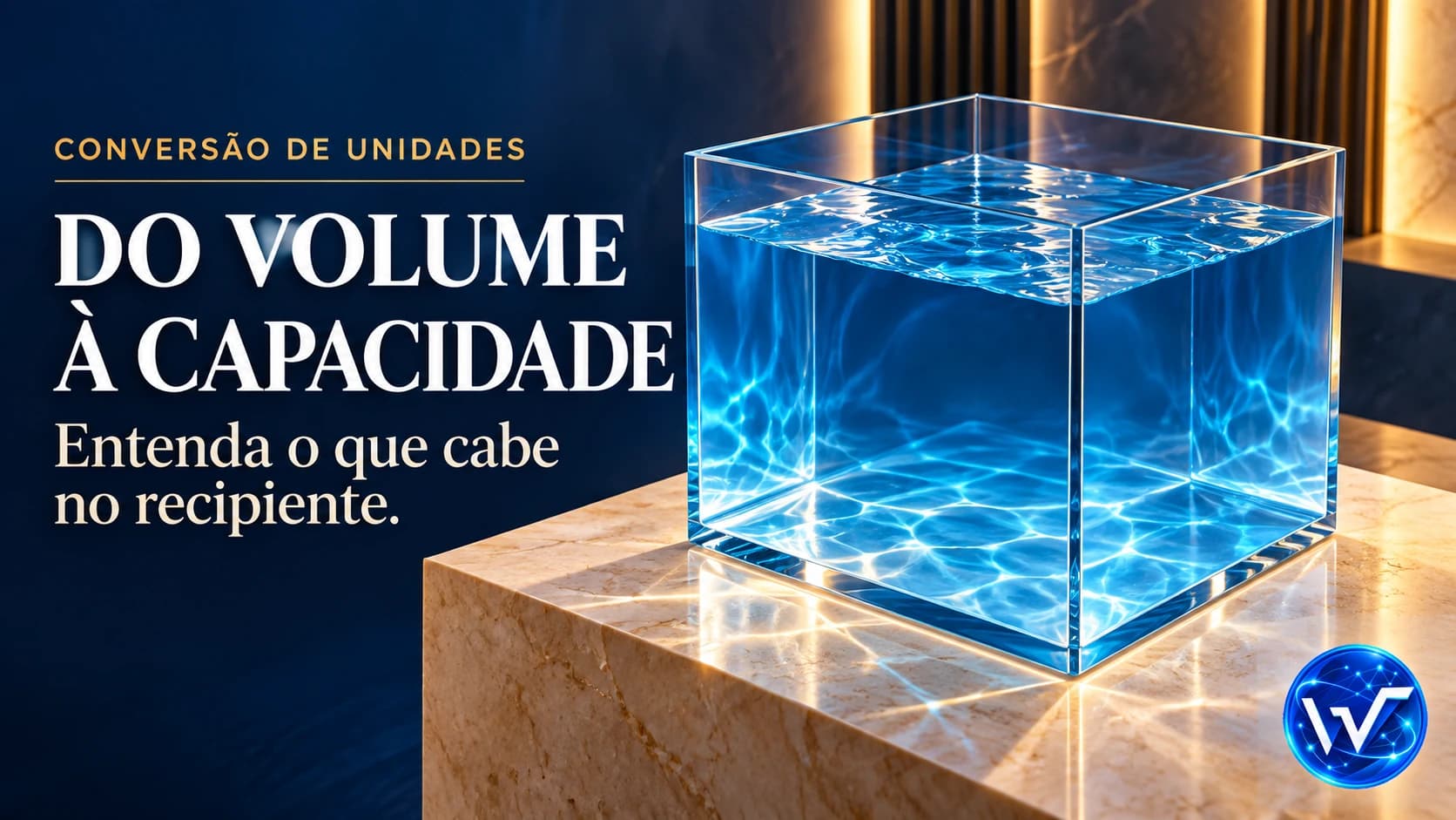 Recipiente cúbico com água representando a relação entre volume e capacidade
