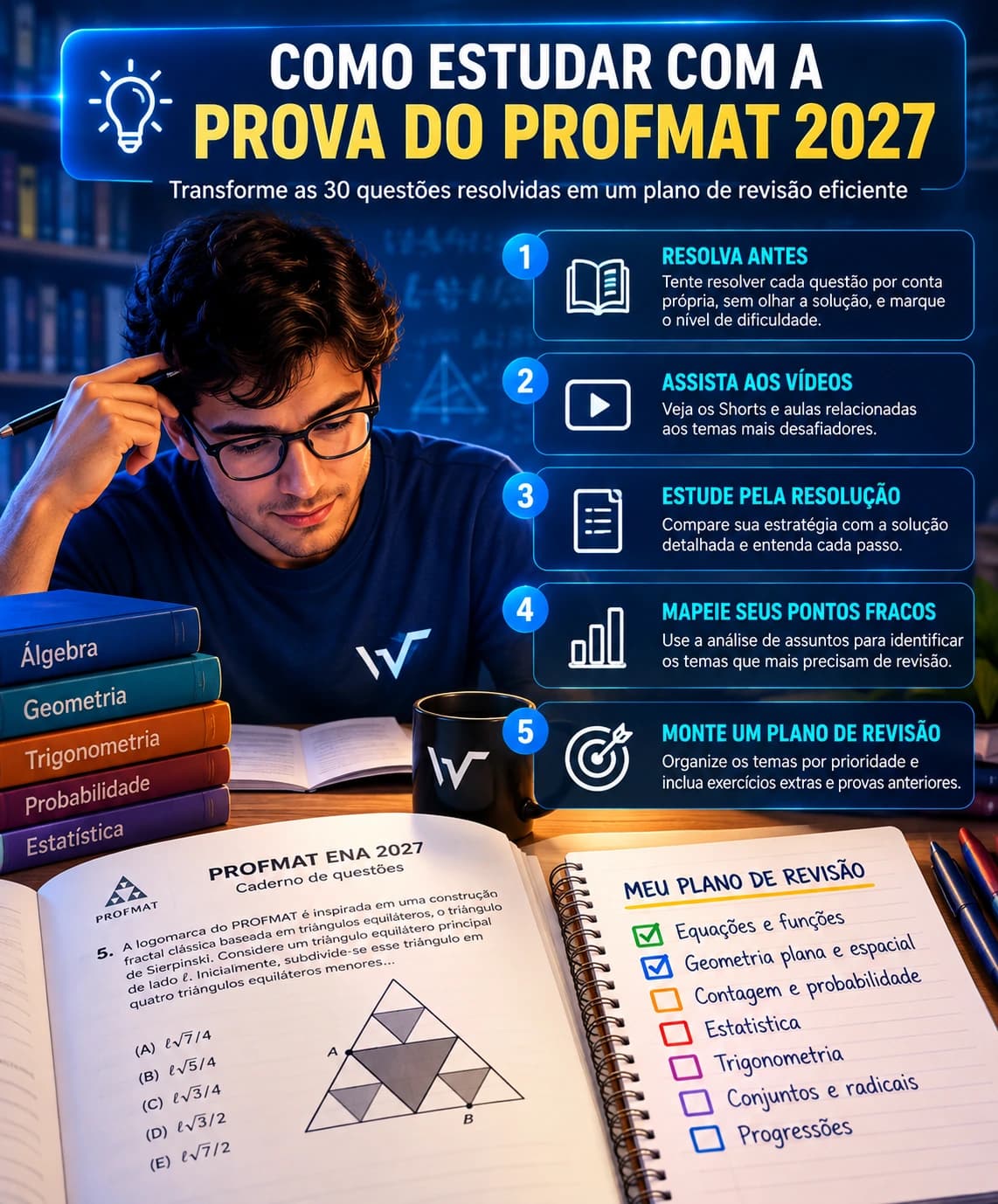 Guia visual vertical com cinco orientações: resolva antes, assista aos vídeos, estude pela resolução, mapeie seus pontos fracos e monte um plano de revisão.