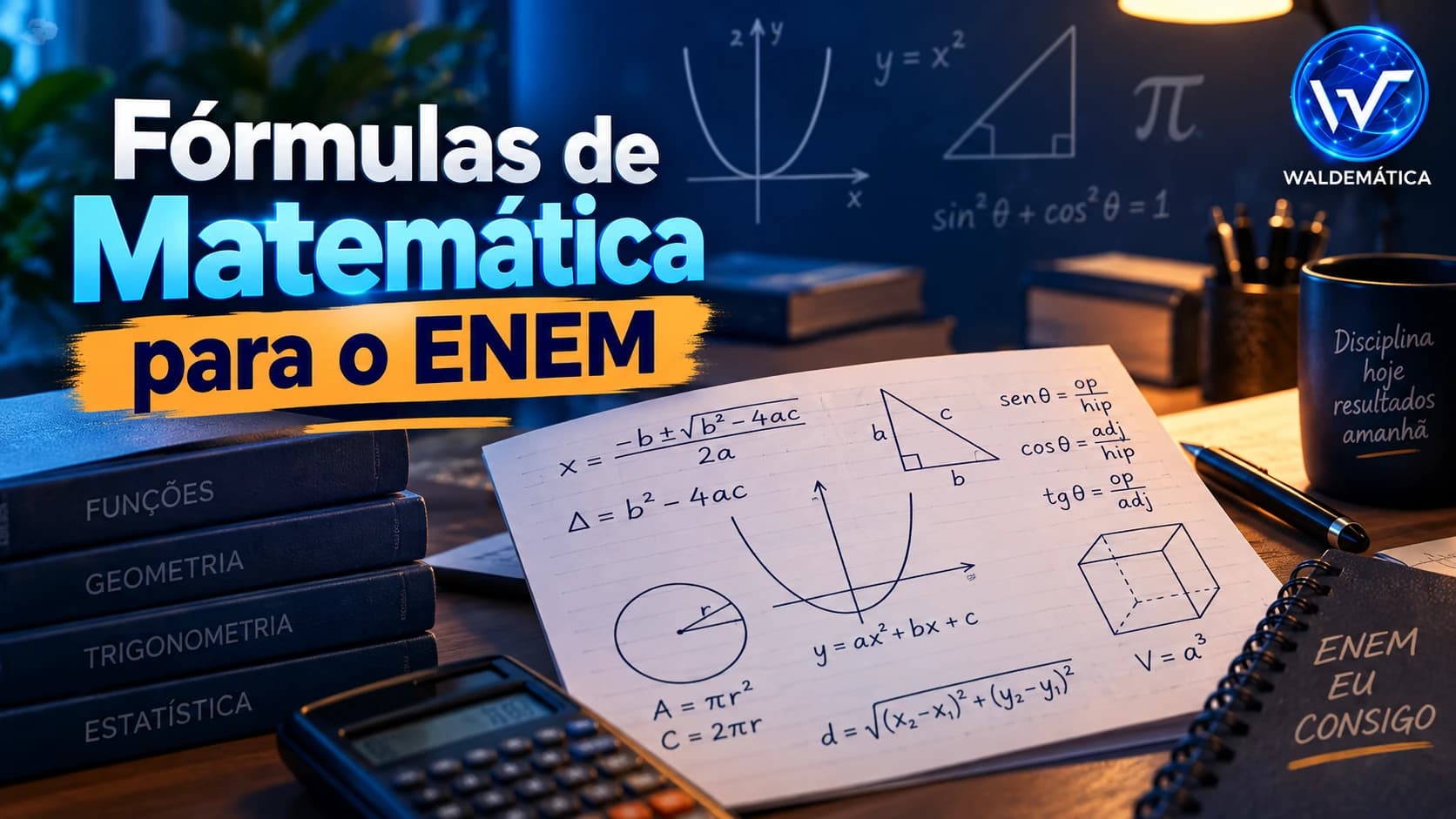 Mesa de estudos com fórmulas de Matemática para o ENEM, gráficos, geometria e resumo de conteúdos.