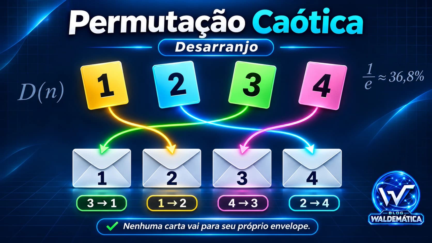 Quatro cartas distribuídas em envelopes diferentes dos seus: 3 para 1, 1 para 2, 4 para 3 e 2 para 4.