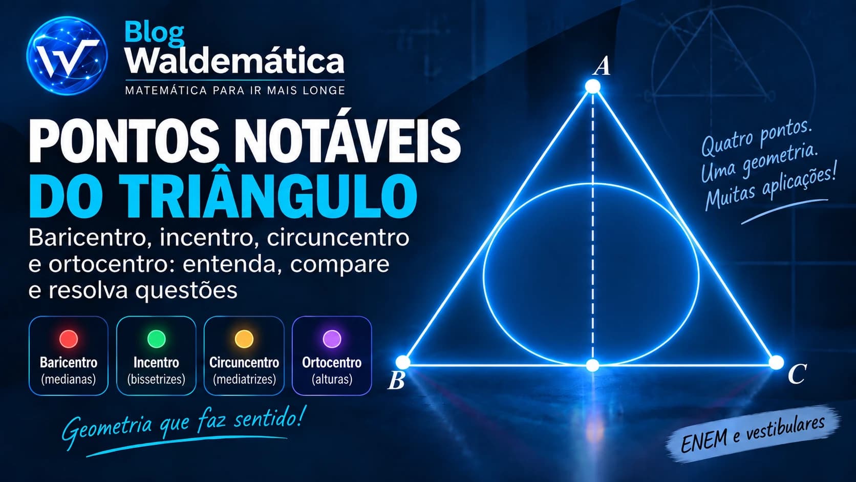 Triângulo equilátero com altura e circunferência inscrita ilustrando o tema pontos notáveis do triângulo.