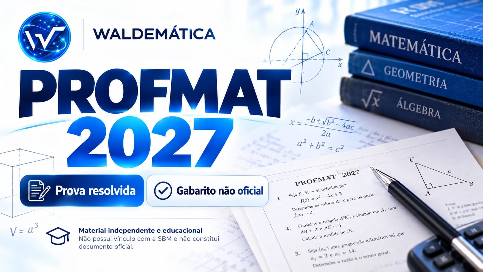 Capa educacional PROFMAT 2027 com prova resolvida e aviso de gabarito não oficial.