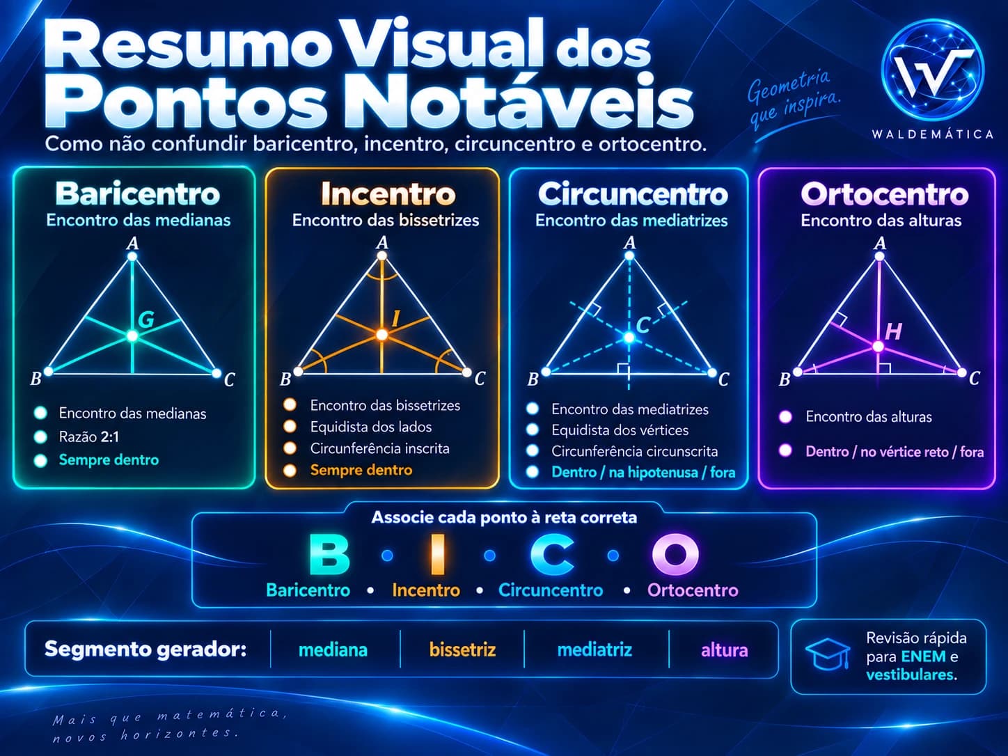 Resumo visual relacionando baricentro, incentro, circuncentro e ortocentro às medianas, bissetrizes, mediatrizes e alturas.