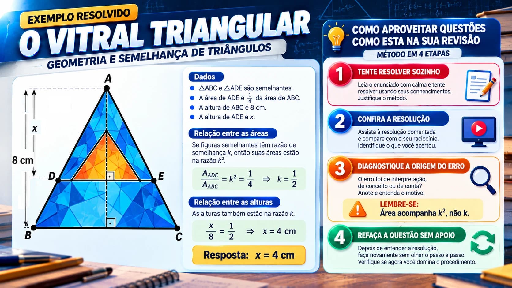 Ilustração de um vitral triangular com vértices A, B e C, segmento DE e resolução por razão de áreas, ao lado de quatro etapas de revisão ativa.