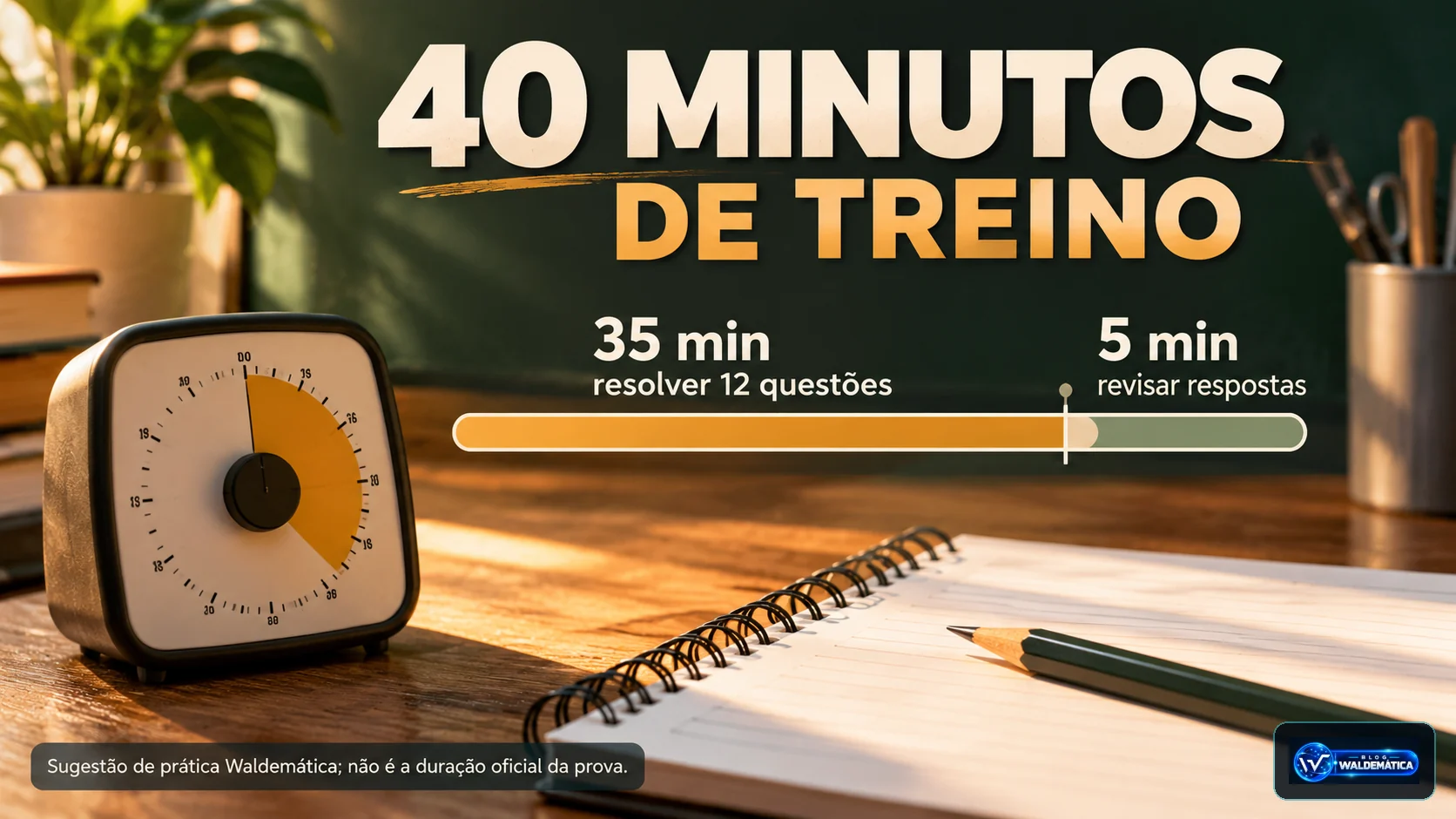Linha do tempo ilustrativa de 40 minutos de treino, com 35 minutos para resolução e 5 para revisão das respostas.
