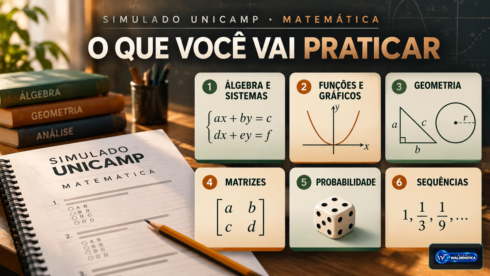 Painel ilustrativo com tópicos de álgebra, funções, geometria, matrizes, probabilidade e sequências.