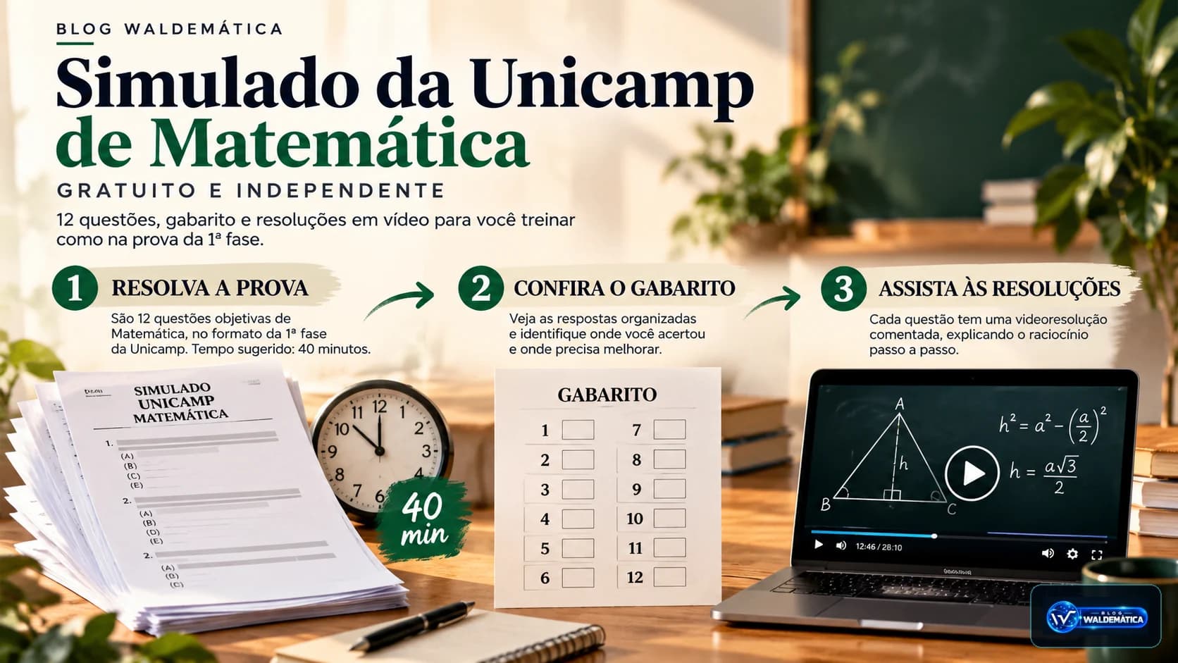 Infográfico ilustrativo em três etapas: resolver a prova, conferir o gabarito e assistir às resoluções comentadas.