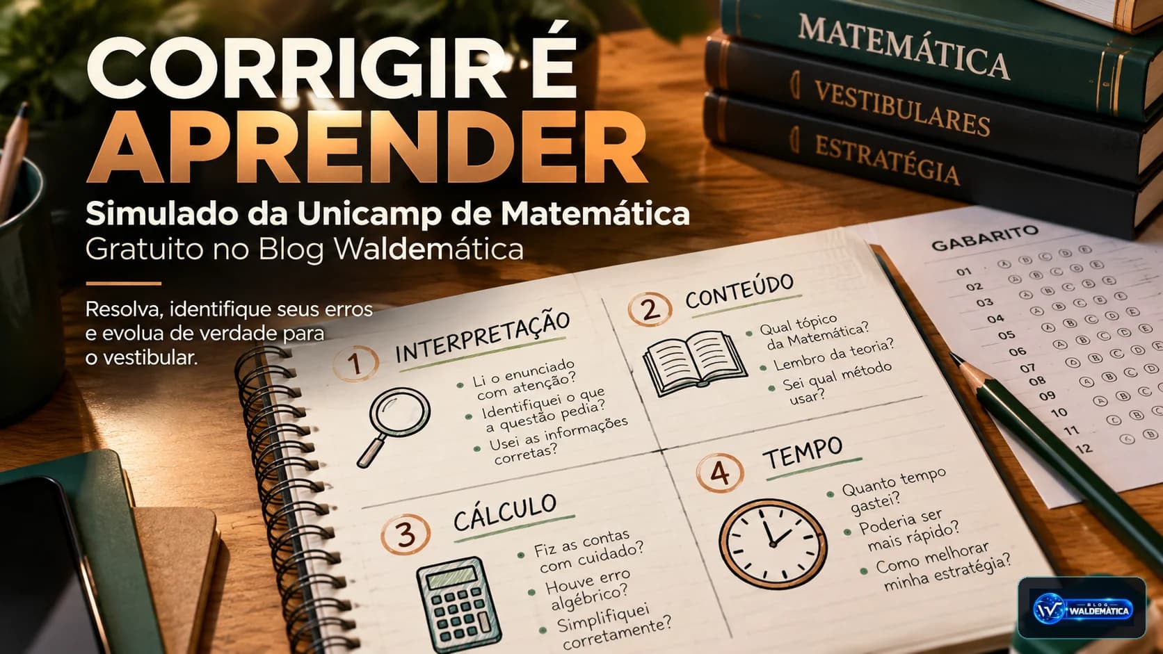 Caderno de estudo com critérios para analisar erros de interpretação, conteúdo, cálculo e tempo após o simulado.