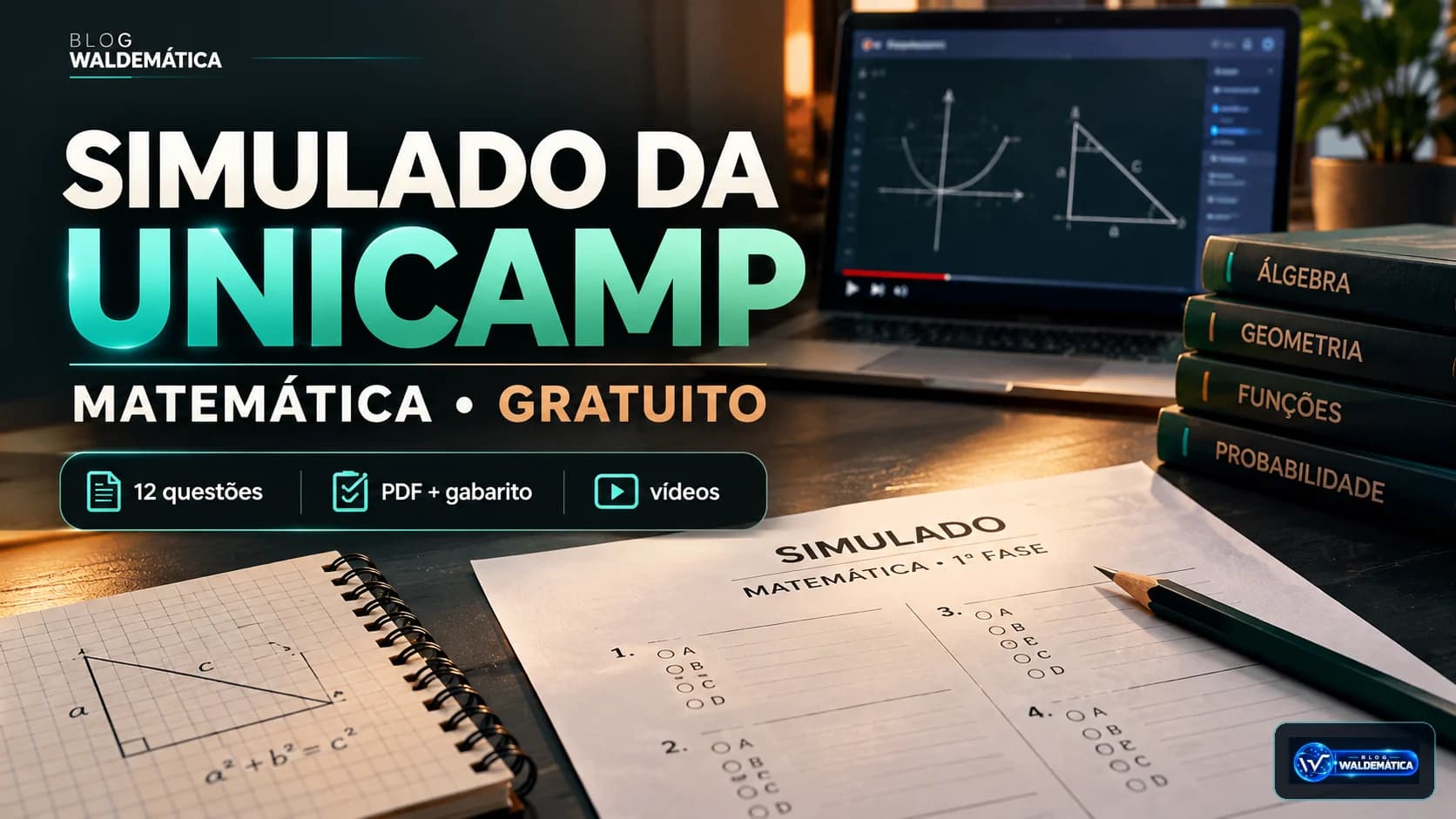 Arte de divulgação do Simulado da Unicamp de Matemática, com material de estudo, gabarito e videoresoluções.