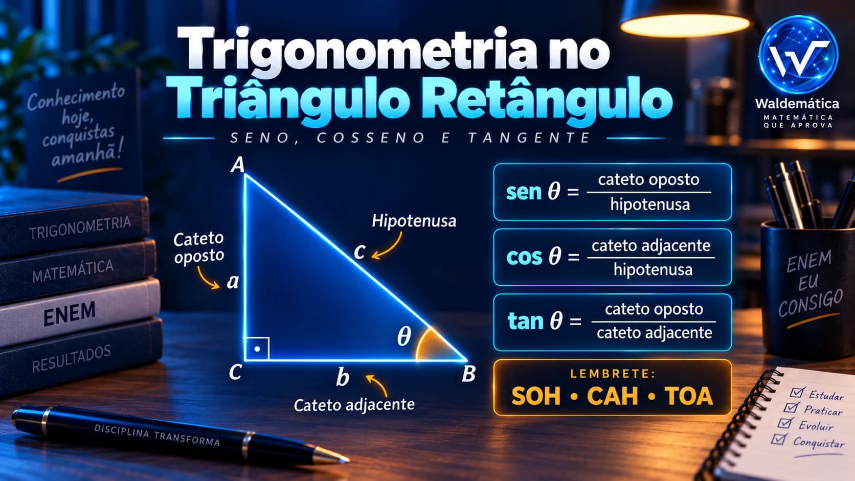 Triângulo retângulo indicando hipotenusa, cateto oposto e cateto adjacente com seno, cosseno e tangente.