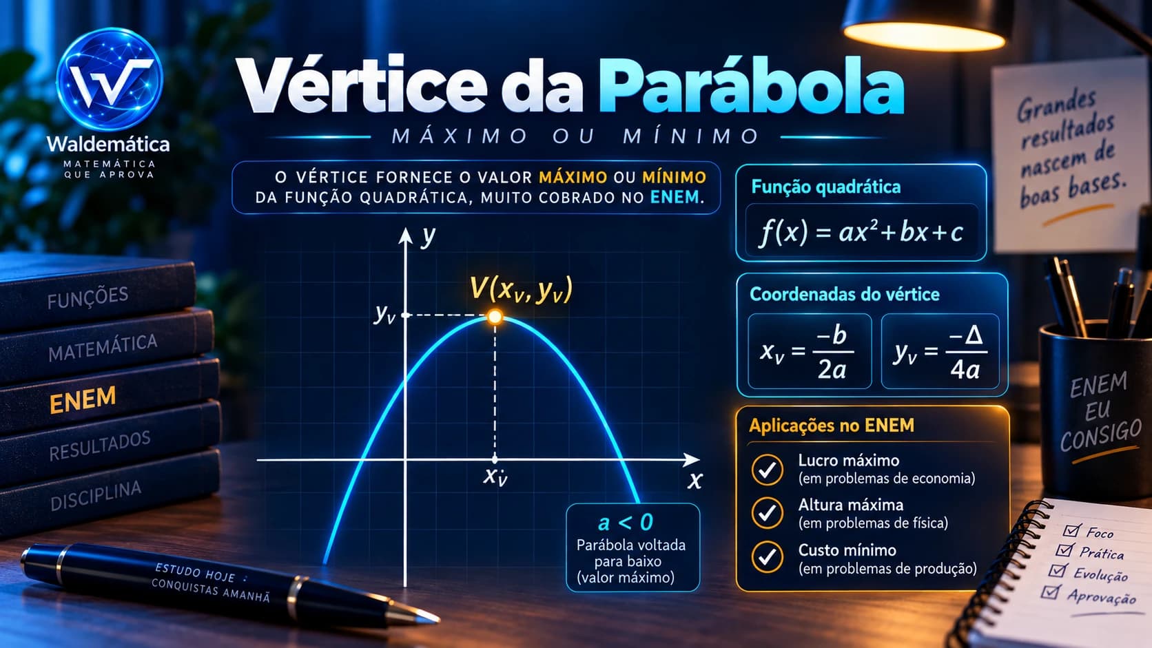 Gráfico de uma função quadrática destacando o vértice da parábola e as coordenadas xᵥ e yᵥ.