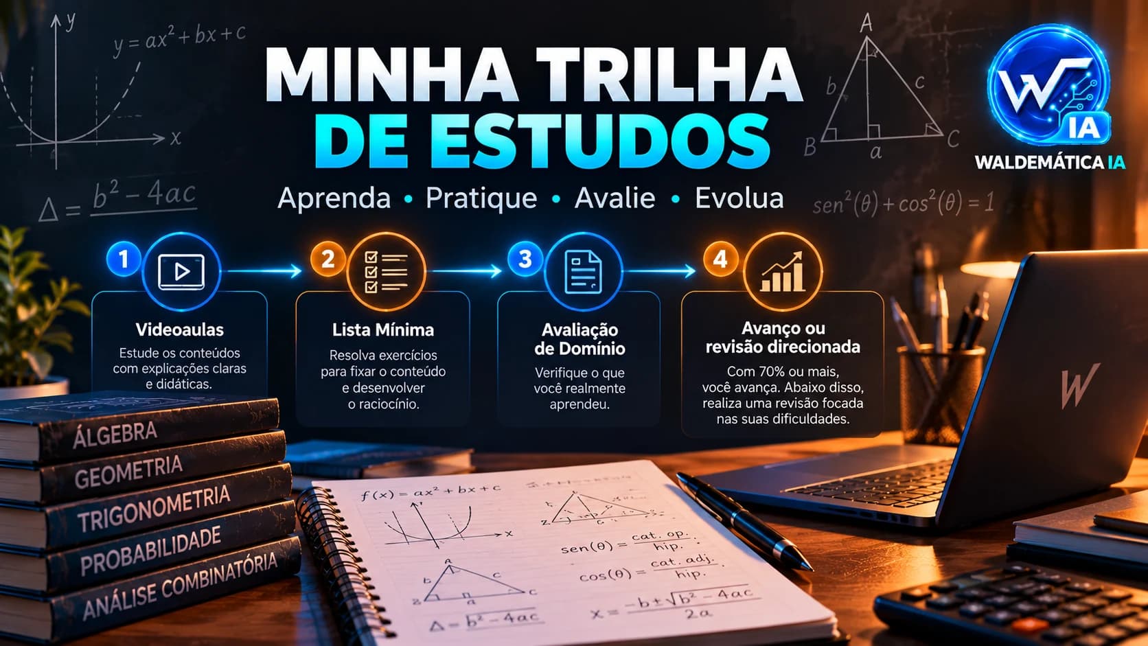 Infográfico ilustrativo com quatro etapas do método Waldemática: videoaulas, Lista Mínima, Avaliação de Domínio e avanço ou revisão direcionada.