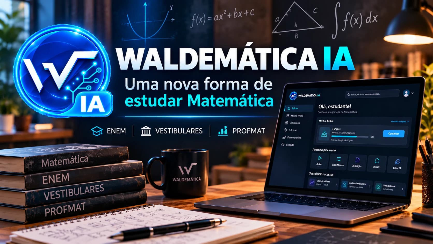 Capa da Waldemática IA com marca, ambiente de estudos e notebook ilustrativo, para ENEM, vestibulares e PROFMAT.