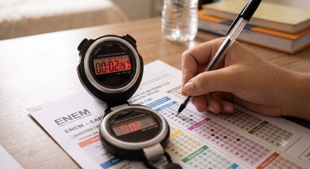 Uma mão segura uma caneta preta sobre um cartão de respostas oficial do ENEM para matemática, preenchendo a bolha para a questão 168. Sobre a mesa de madeira, dois cronômetros digitais estão visíveis, o maior mostrando o tempo '00:02:47' em números vermelhos. Ao fundo, livros e uma garrafa de água desfocados. O foco é a ação de preenchimento sob pressão de tempo.