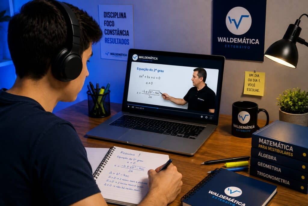 Estudante com fones de ouvido prestando atenção em uma videoaula de matemática na tela do notebook.