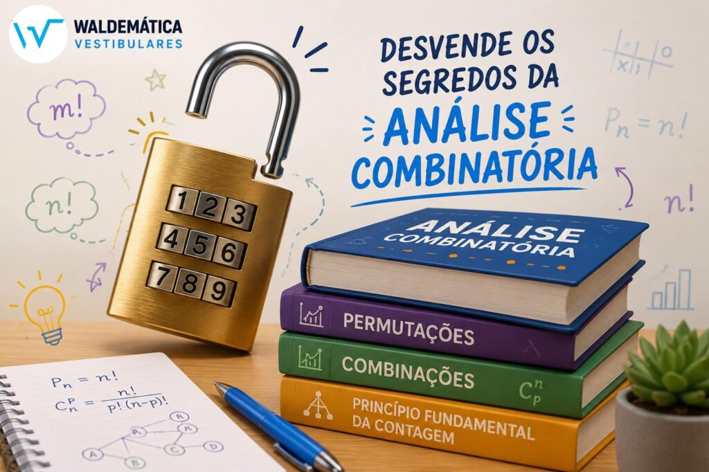 Um cadeado com segredo numérico aberto ao lado de livros de matemática, representando o aprendizado em análise combinatória com o logo da Waldemática no canto.